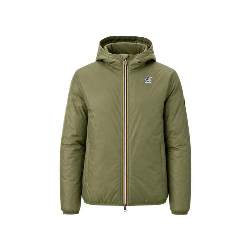 Doudoune à capuche vert olive avec fermeture éclair à rayures dorées et noires et logo K-Way sur la poitrine gauche, en nylon polyester