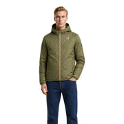 Veste à capuche matelassée vert olive avec fermeture éclair dorée et logo de la marque sur la poitrine, de la marque Kway, veste blazer à capuche noire en nylon et polyester pour homme