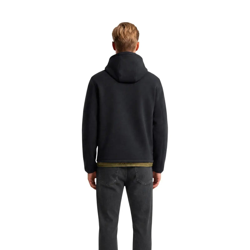 Veste blazer Kway pour homme en nylon noir doublée de polyester, avec un sweat-shirt à capuche noir orné d'une bordure vert olive à la taille.