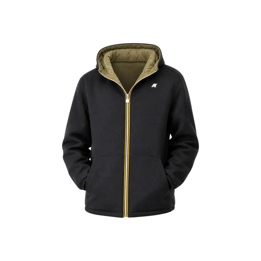 Blazer noir à capuche pour homme Kway, en nylon avec fermeture éclair à bordure dorée et doublure matelassée en polyester vert olive.