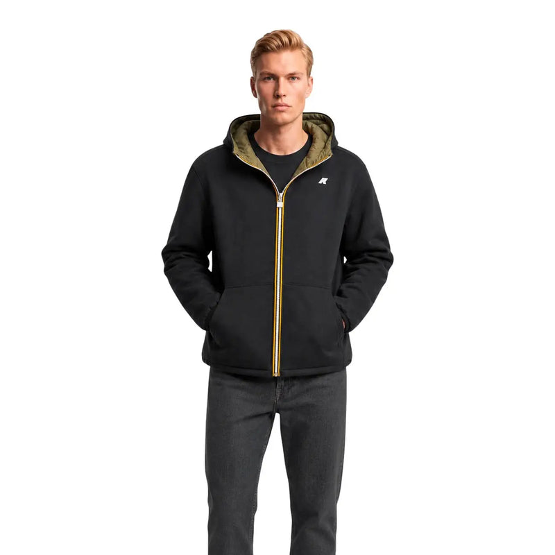Sweat à capuche zippé noir en nylon pour homme Kway, doublure en polyester vert olive et bordure de fermeture éclair dorée, idéal pour un style décontracté.