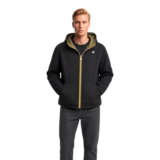 Sweat à capuche zippé noir en nylon pour homme Kway, doublure en polyester vert olive et bordure de fermeture éclair dorée, idéal pour un style décontracté.