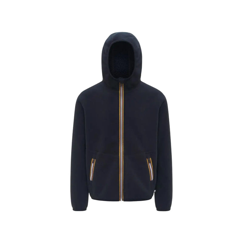 Le blazer zippé à capuche en polaire sherpa bleu marine pour homme de Kway est doté d'une fermeture éclair dorée et de poches latérales.