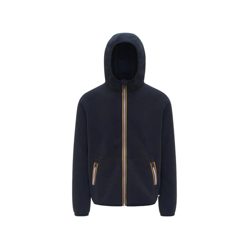 Le blazer zippé à capuche en polaire sherpa bleu marine pour homme de Kway est doté d'une fermeture éclair dorée et de poches latérales.