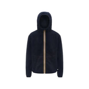 Blazer à capuche zippé bleu marine foncé en polaire sherpa pour homme Kway, avec fermeture éclair dorée contrastante, idéal pour une tenue décontractée.