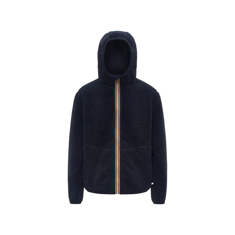 Blazer à capuche zippé bleu marine foncé en polaire sherpa pour homme Kway, avec fermeture éclair dorée contrastante, idéal pour une tenue décontractée.