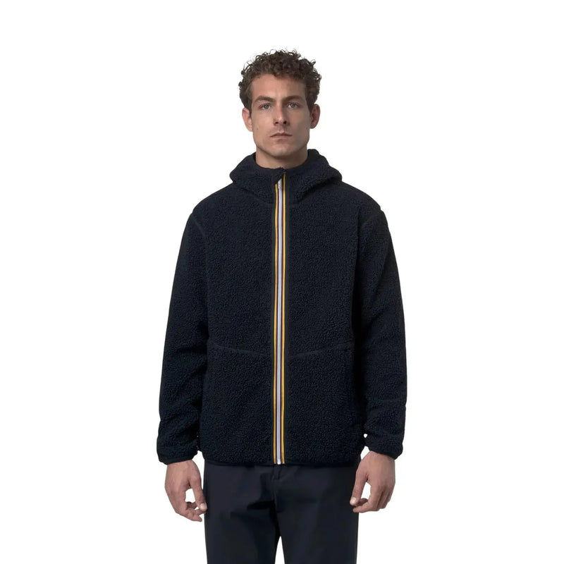 Veste à capuche en polaire texturée noire avec fermeture éclair contrastante dorée et blanche de la collection sherpa bleue pour homme de Kway
