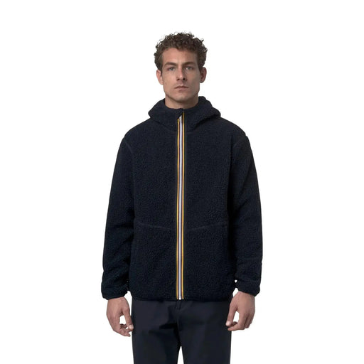 Veste à capuche en polaire texturée noire avec fermeture éclair contrastante dorée et blanche de la collection sherpa bleue pour homme de Kway