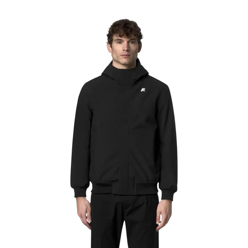 Veste à capuche noire en polyamide avec logo blanc discret sur la poitrine, blazer d'hiver bleu Kway pour homme
