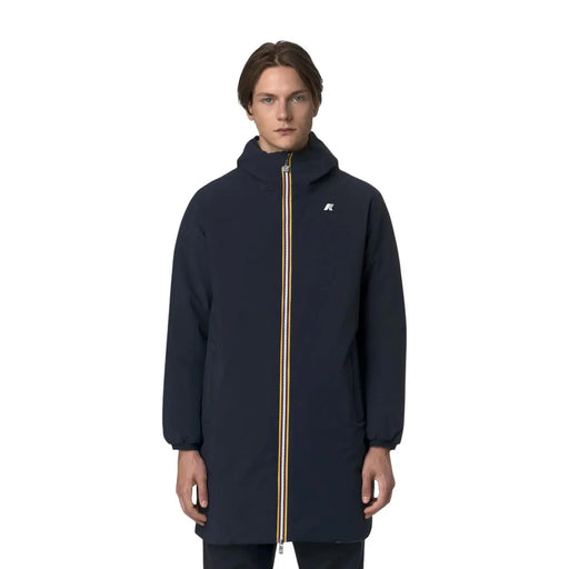 Veste blazer à capuche bleu marine pour homme Kway en polyester avec tirette de fermeture éclair rayée or et blanche.