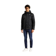 Blazer d'hiver Kway pour homme, veste à capuche noire en polyester avec un logo blanc discret sur la poitrine (vue de face)