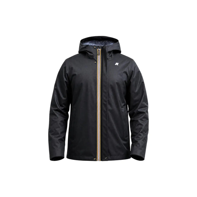 Blazer d'hiver Kway pour homme, veste à capuche imperméable en polyester noir avec fermeture éclair dorée et logo discret sur la poitrine