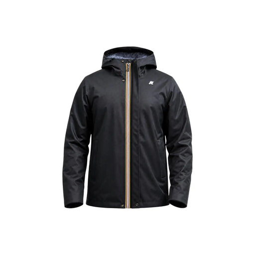 Blazer d'hiver Kway pour homme, veste à capuche imperméable en polyester noir avec fermeture éclair dorée et logo discret sur la poitrine
