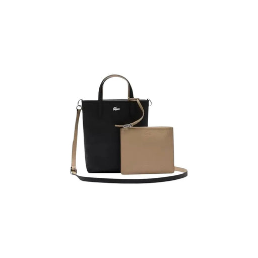 Sac cabas Lacoste noir zippé avec détails en cuir beige, bandoulière et pochette