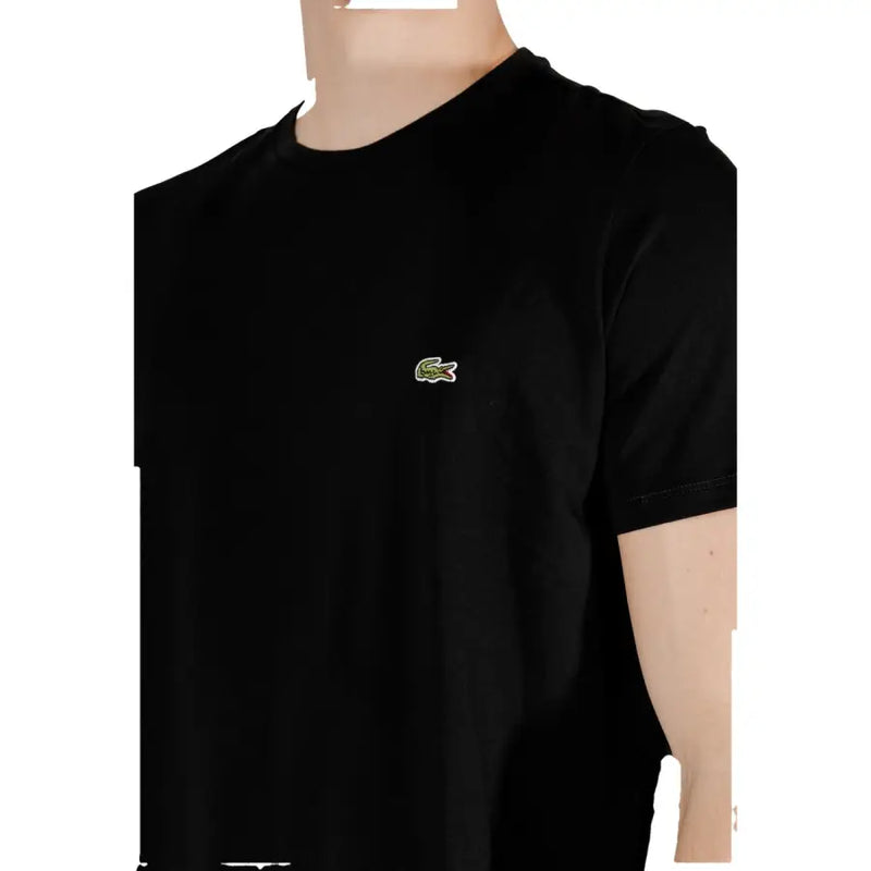 Lacoste men black short sleeve round neck t shirt with small embroidered green crocodile logo on left chest