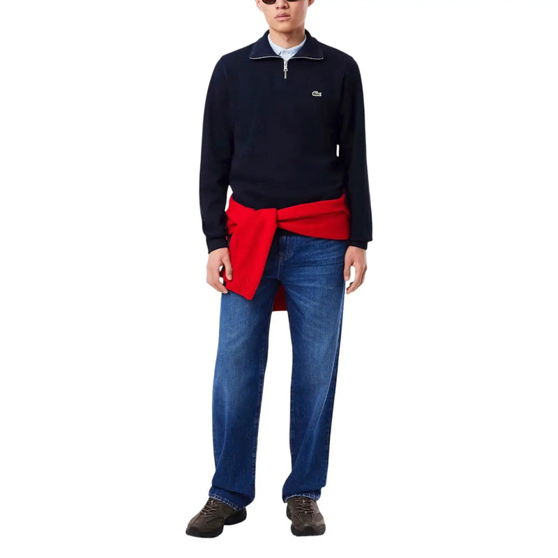 Pull Lacoste homme bleu en coton à demi-zip, col blanc et logo crocodile brodé sur la poitrine