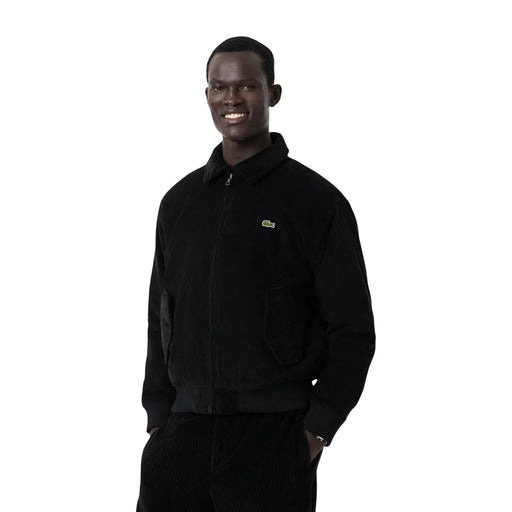 Blouson bomber Lacoste pour homme en velours côtelé noir avec logo crocodile vert sur la poitrine gauche, style blazer classique en coton