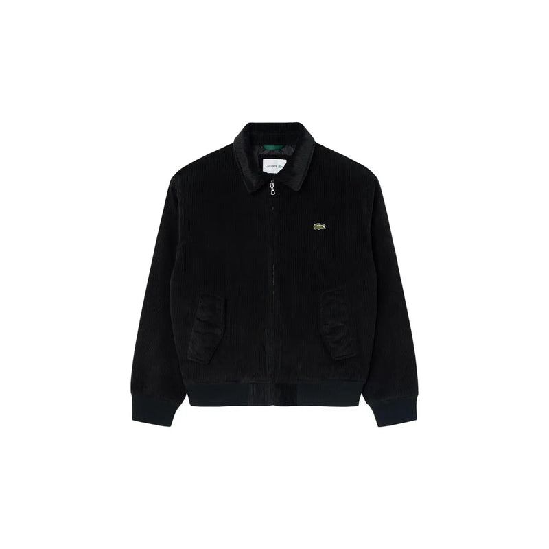 Blazer Lacoste pour homme en coton, blouson aviateur en velours côtelé noir avec logo crocodile vert discret sur la poitrine gauche et finitions assorties.