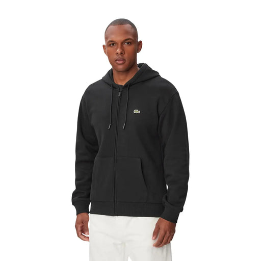 Sweat à capuche zippé noir Lacoste pour homme en coton, orné d'un petit logo crocodile vert sur la poitrine gauche, idéal pour un style décontracté.
