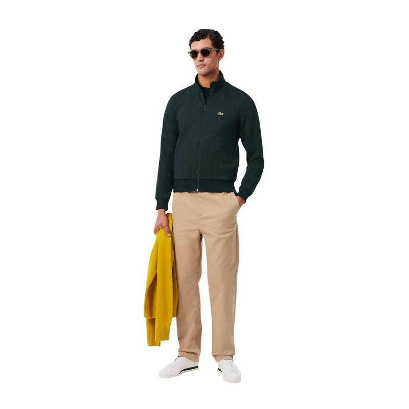 Veste zippée Lacoste pour homme en coton vert foncé avec petit logo crocodile sur la poitrine gauche, idéale pour un style décontracté.