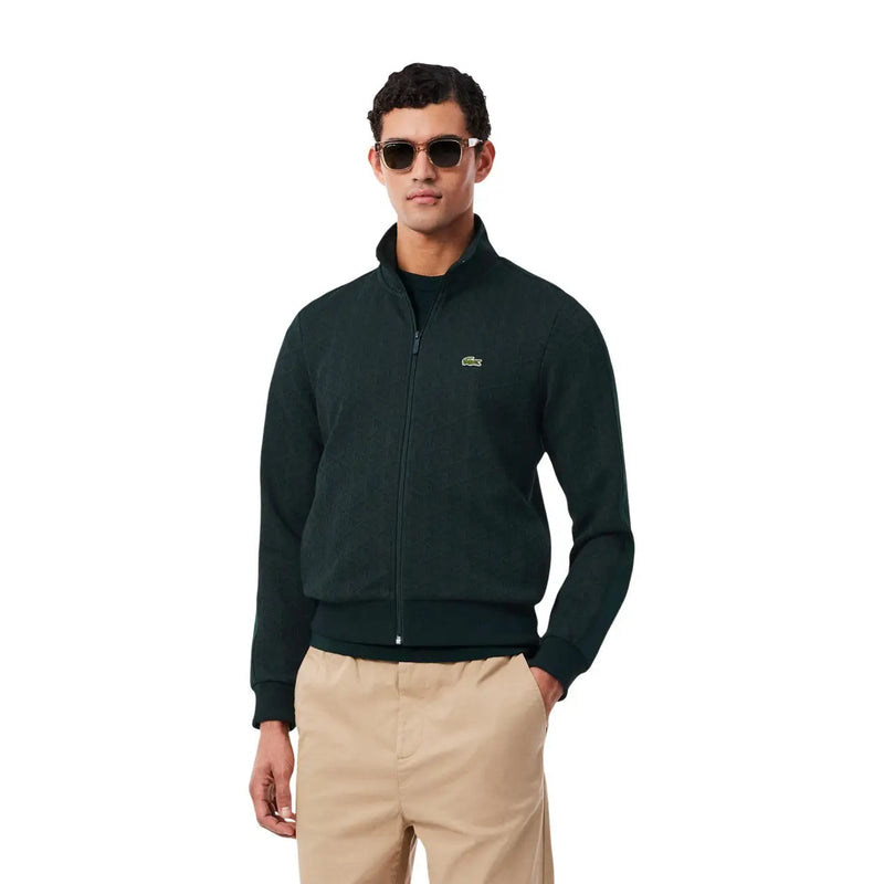 Sweat à capuche zippé Lacoste pour homme, en coton vert foncé, avec logo crocodile brodé discret sur la poitrine.
