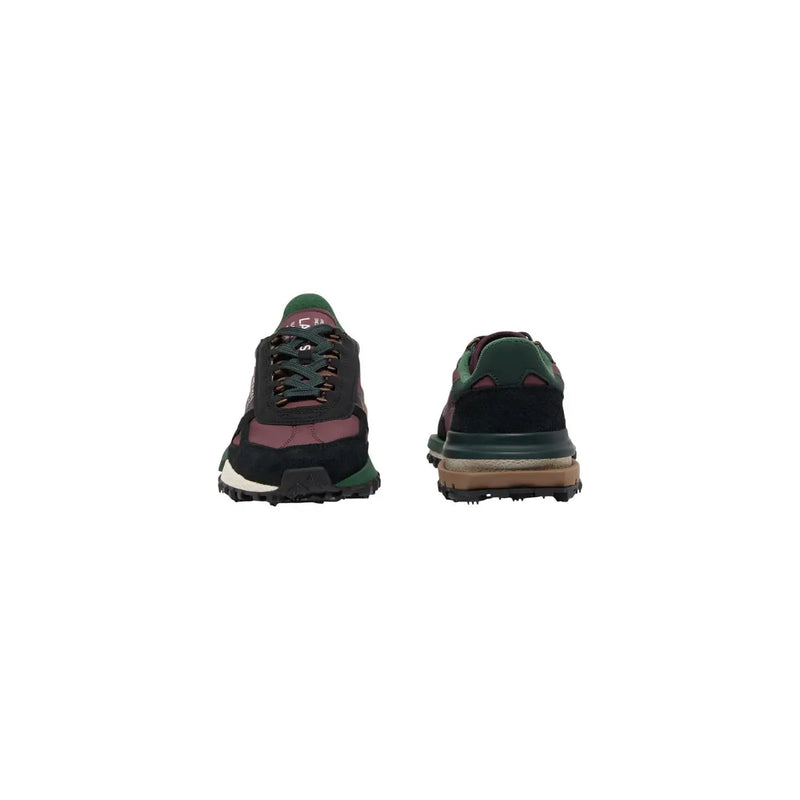 Baskets Lacoste Elite Active pour homme, en cuir bordeaux, en daim vert foncé et bordeaux, avec semelle épaisse à plusieurs couches.