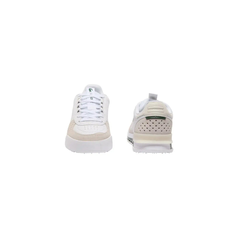 Baskets Lacoste Slam Break blanches et beiges en cuir pour homme, avec perforations et logo vert.
