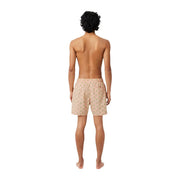 Beige lacoste men pink print polyester swimwear shorts with subtle green leaf pattern and elastic waistband