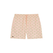 Lacoste men pink print polyester swimwear shorts with pastel pink color and light green crocodile pattern elastic waistband