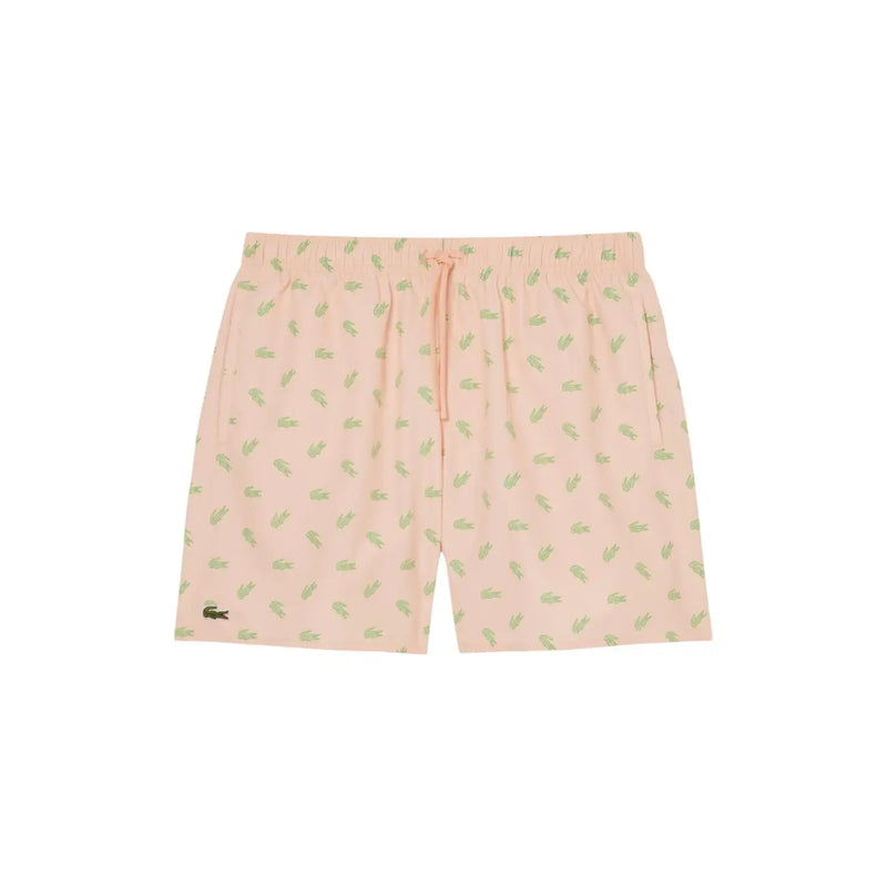 Lacoste men pink print polyester swimwear shorts with pastel pink color and light green crocodile pattern elastic waistband