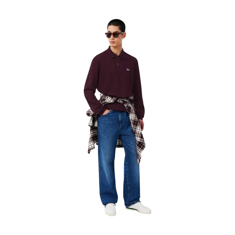 Polo Lacoste bordeaux à manches longues, orné d'un crocodile brodé, en coton, idéal pour les hommes.