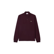 Polo Lacoste pour homme, en coton violet, manches longues bordeaux, col classique et logo crocodile vert sur la poitrine.
