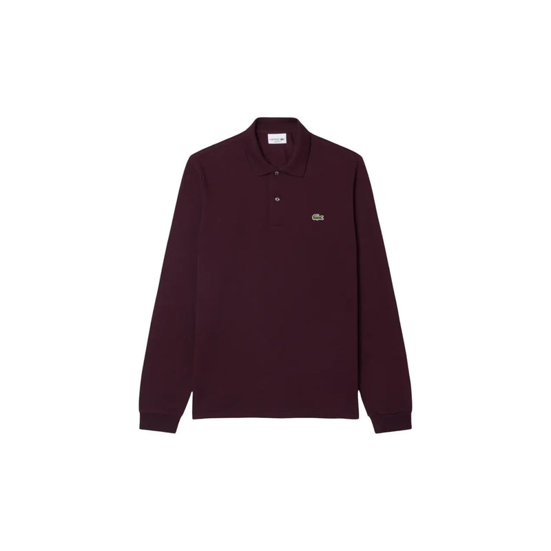 Polo Lacoste pour homme, en coton violet, manches longues bordeaux, col classique et logo crocodile vert sur la poitrine.