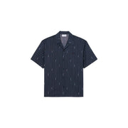 Lacoste men shirt dark navy short-sleeved button-up with thin white vertical stripes and subtle repeating pattern