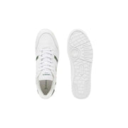 Baskets Lacoste blanches pour homme en polyuréthane avec détails noirs, arborant un design athlétique classique pour le printemps et l'été.