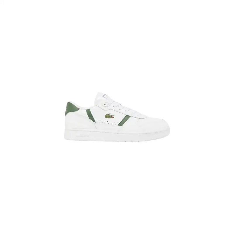 Baskets blanches Lacoste pour homme en polyuréthane avec détails verts et logo crocodile, idéales pour le printemps et l'été.