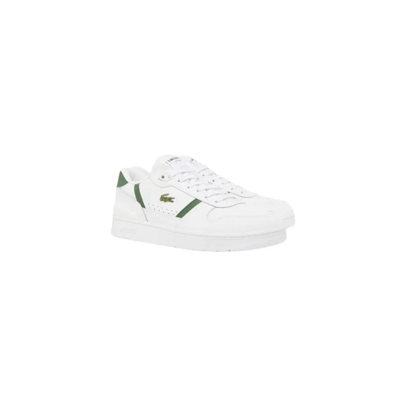 Baskets blanches Lacoste pour homme en polyuréthane avec détails verts et logo crocodile classique, idéales pour le printemps et l'été.