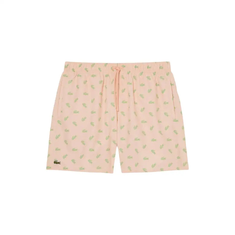 Pastel pink lacoste men swimwear shorts with light green crocodile pattern and elastic waistband with matching drawstring