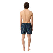 Dark blue Lacoste men swimwear swim trunks with a subtle light green palm tree pattern for beach use