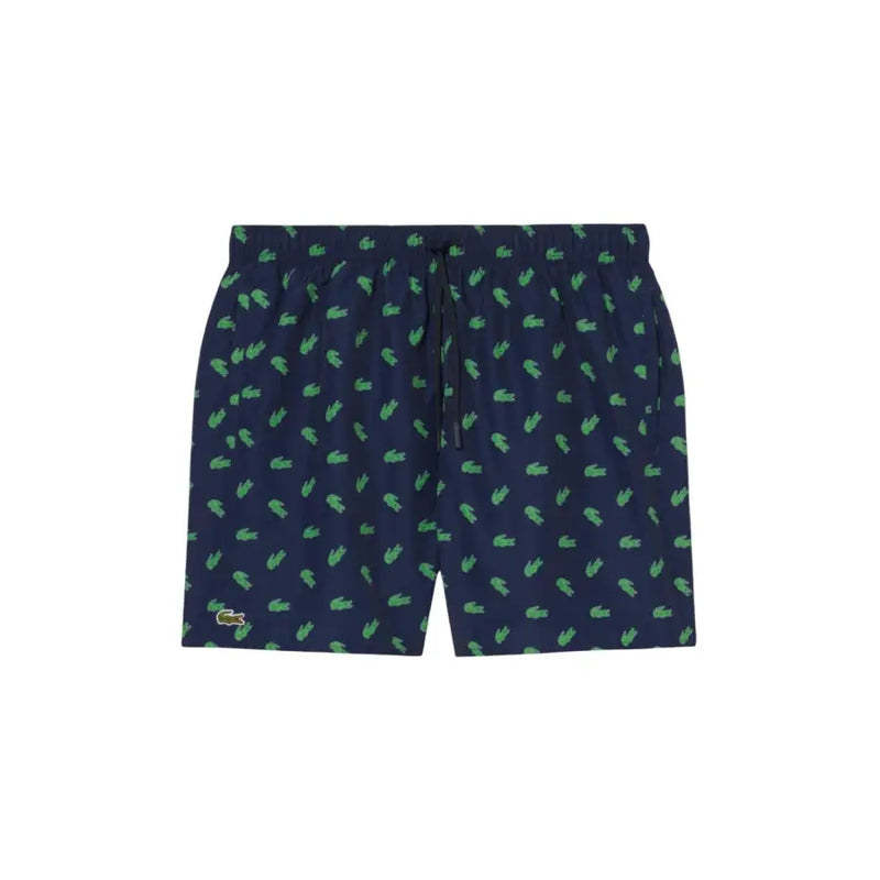 Dark blue Lacoste men swimwear swim trunks with a repeating pattern of small green crocodile logos