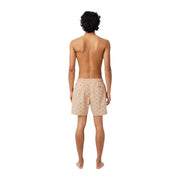 Beige Lacoste men swimwear swim trunks with subtle green leaf pattern and elastic waistband for comfortable wear