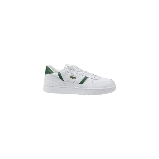 Lacoste men’s white leather sneakers with green accents and classic crocodile logo on the side