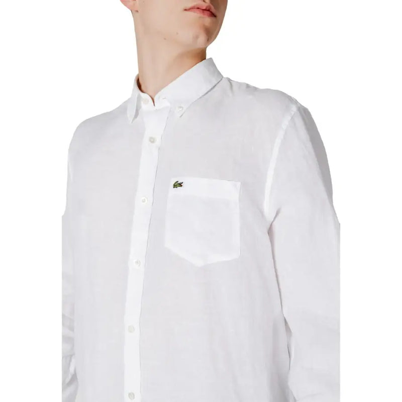 Lacoste men’s white linen shirt with subtle textured weave and green crocodile logo on the left chest pocket