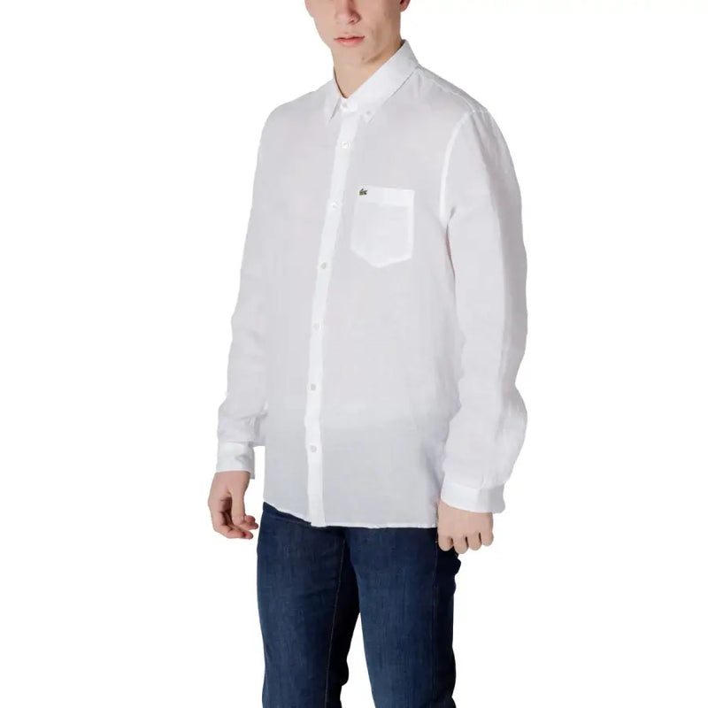 Lacoste men’s white linen long-sleeved button-down shirt with chest pocket featuring Lacoste logo