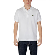 Lacoste white short sleeve polo shirt featuring a green crocodile logo on the left chest in cotton material