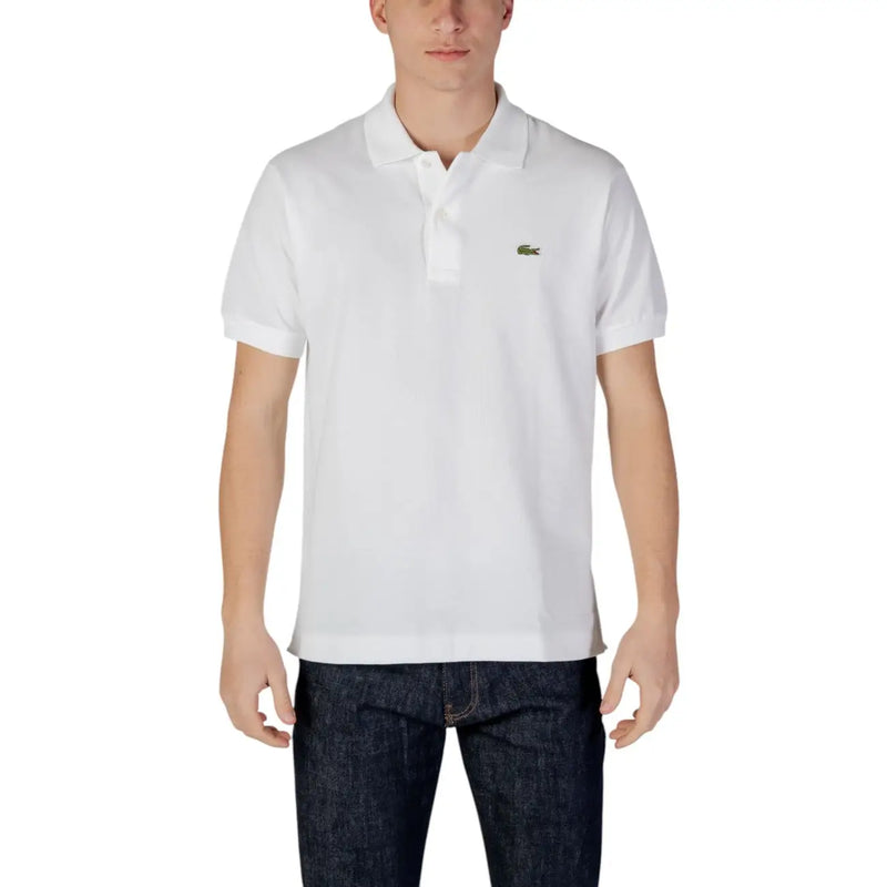 Lacoste white short sleeve polo shirt featuring a green crocodile logo on the left chest in cotton material