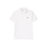 Lacoste white short sleeve polo shirt featuring a green crocodile logo on the chest and branded collar label