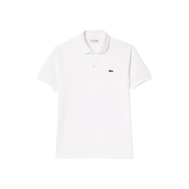 Lacoste white short sleeve polo shirt featuring a green crocodile logo on the chest and branded collar label