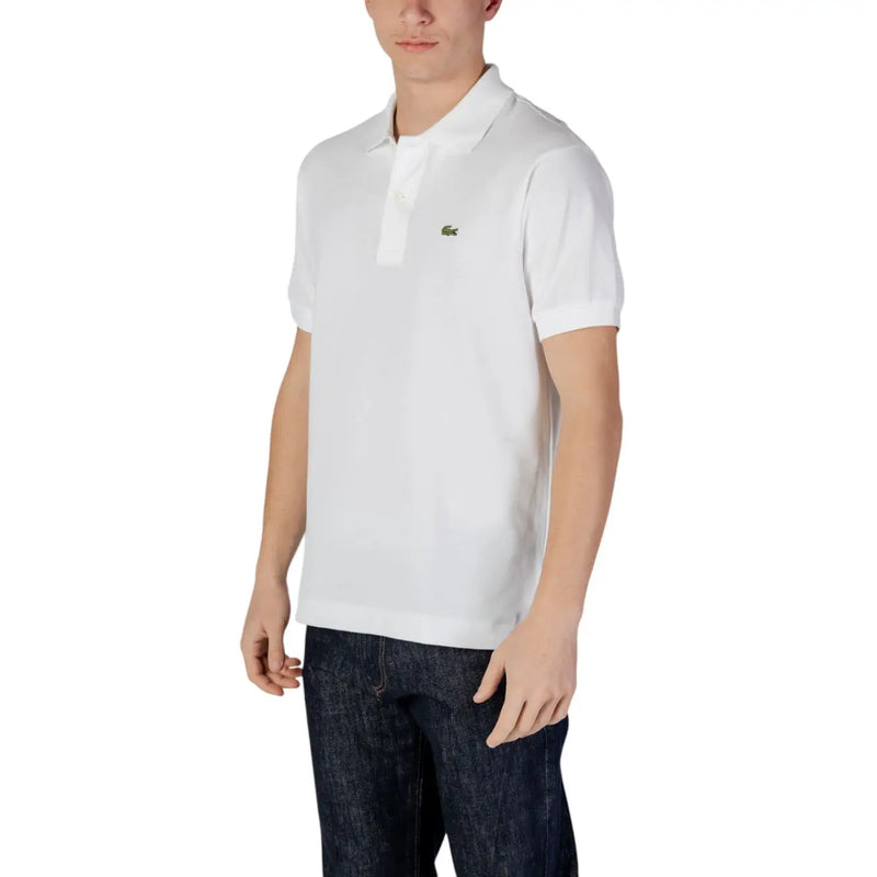 Lacoste white short sleeve polo shirt made of breathable fabric with green crocodile logo on the chest