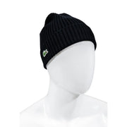 Casquette Lacoste pour homme en laine côtelée noire avec logo crocodile vert sur le côté, vue de face